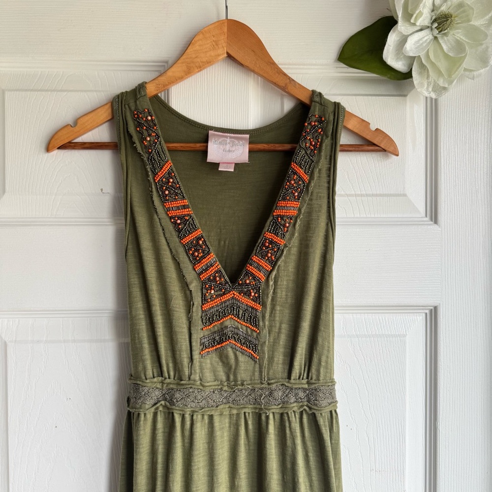 Romeo & Juliet Couture Beaded Olive Green Tiered Maxi Sundress - Picture 5 of 10